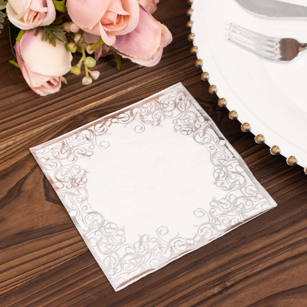 20 - Pack Paper Beverage Napkins with Silver Foil Lace Design White - 3 Ply Disposable 18GSM European Style Cocktail Napkins 5"x5" - Bell Racket Store