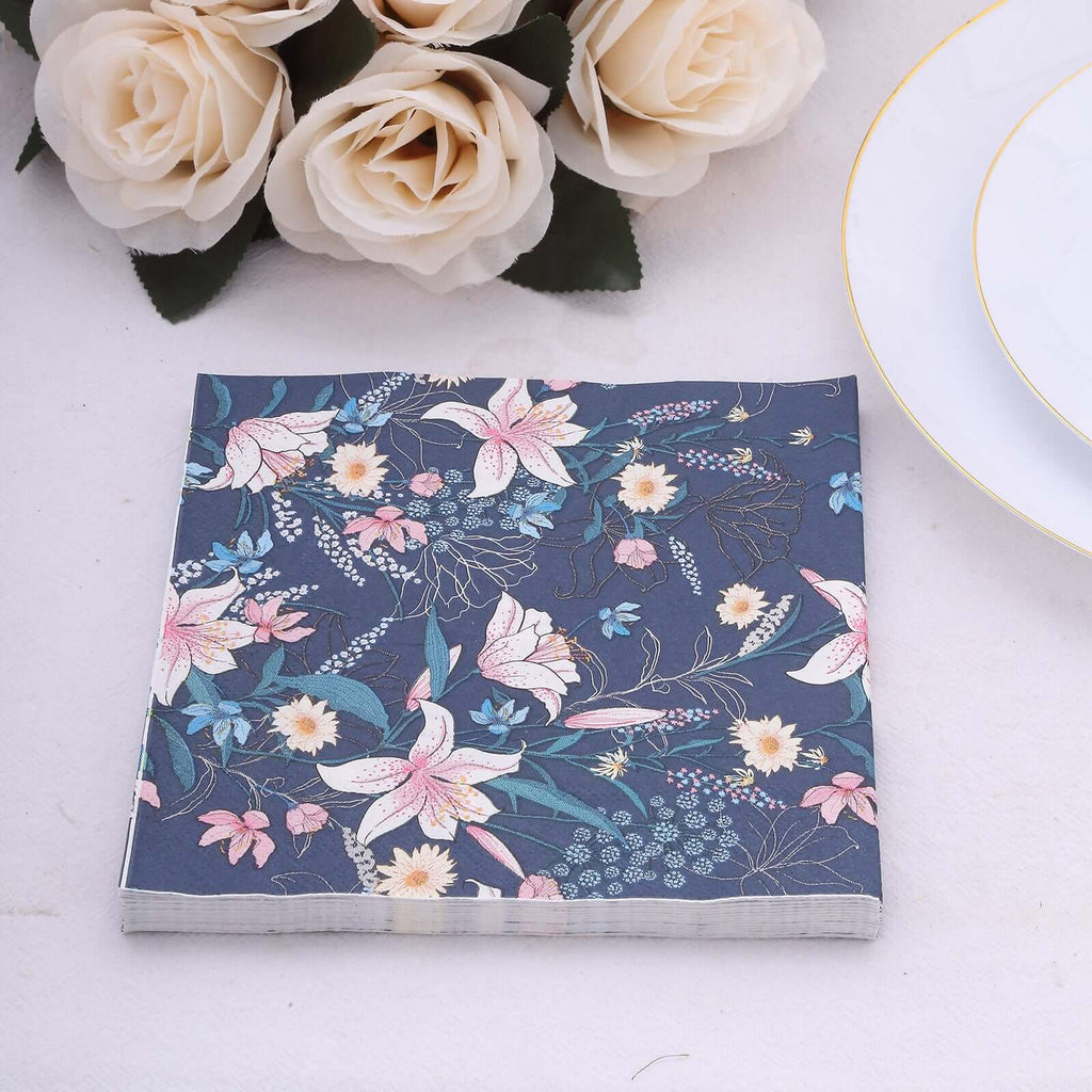 20 - Pack Paper Beverage Napkins with Water Lily Floral Design Navy Blue - 2 Ply Soft 18GSM Wedding Napkins 6.5"x6.5" - Bell Racket Store