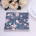 20 - Pack Paper Beverage Napkins with Water Lily Floral Design Navy Blue - 2 Ply Soft 18GSM Wedding Napkins 6.5"x6.5" - Bell Racket Store