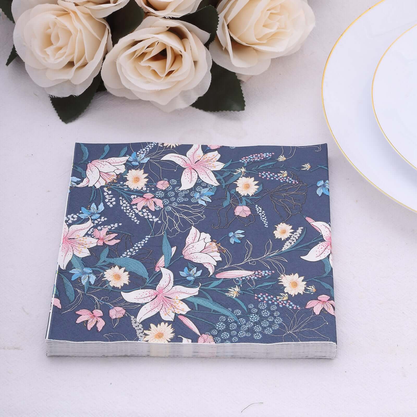 20 - Pack Paper Beverage Napkins with Water Lily Floral Design Navy Blue - 2 Ply Soft 18GSM Wedding Napkins 6.5"x6.5" - Bell Racket Store