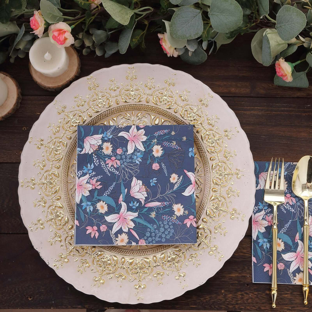 20 - Pack Paper Beverage Napkins with Water Lily Floral Design Navy Blue - 2 Ply Soft 18GSM Wedding Napkins 6.5"x6.5" - Bell Racket Store