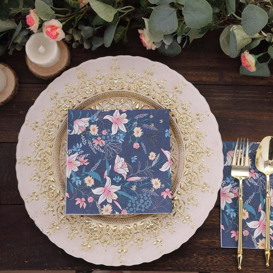 20 - Pack Paper Beverage Napkins with Water Lily Floral Design Navy Blue - 2 Ply Soft 18GSM Wedding Napkins 6.5"x6.5" - Bell Racket Store