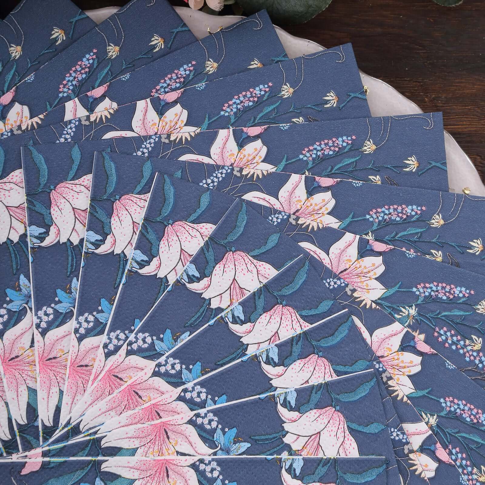 20 - Pack Paper Beverage Napkins with Water Lily Floral Design Navy Blue - 2 Ply Soft 18GSM Wedding Napkins 6.5"x6.5" - Bell Racket Store