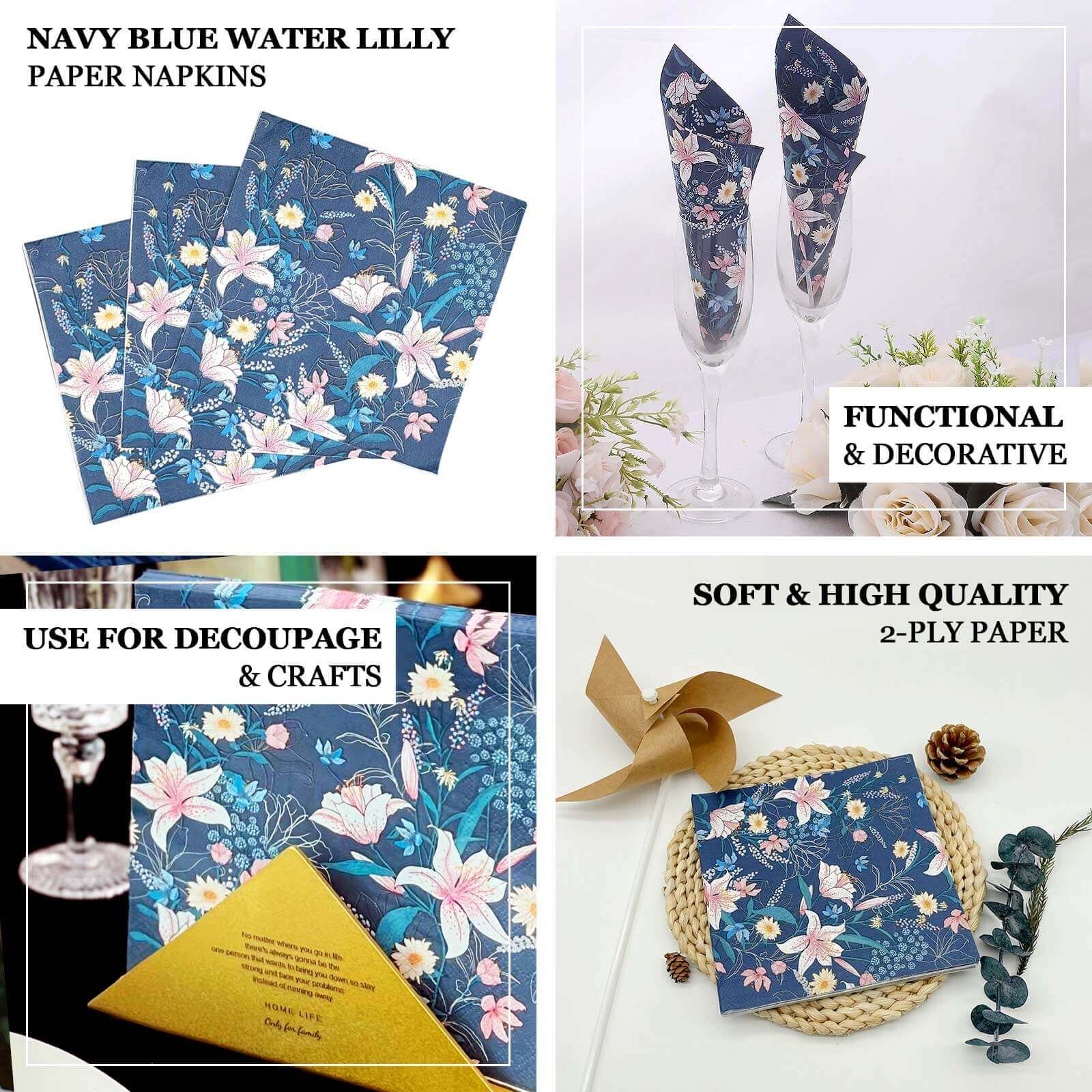 20 - Pack Paper Beverage Napkins with Water Lily Floral Design Navy Blue - 2 Ply Soft 18GSM Wedding Napkins 6.5"x6.5" - Bell Racket Store