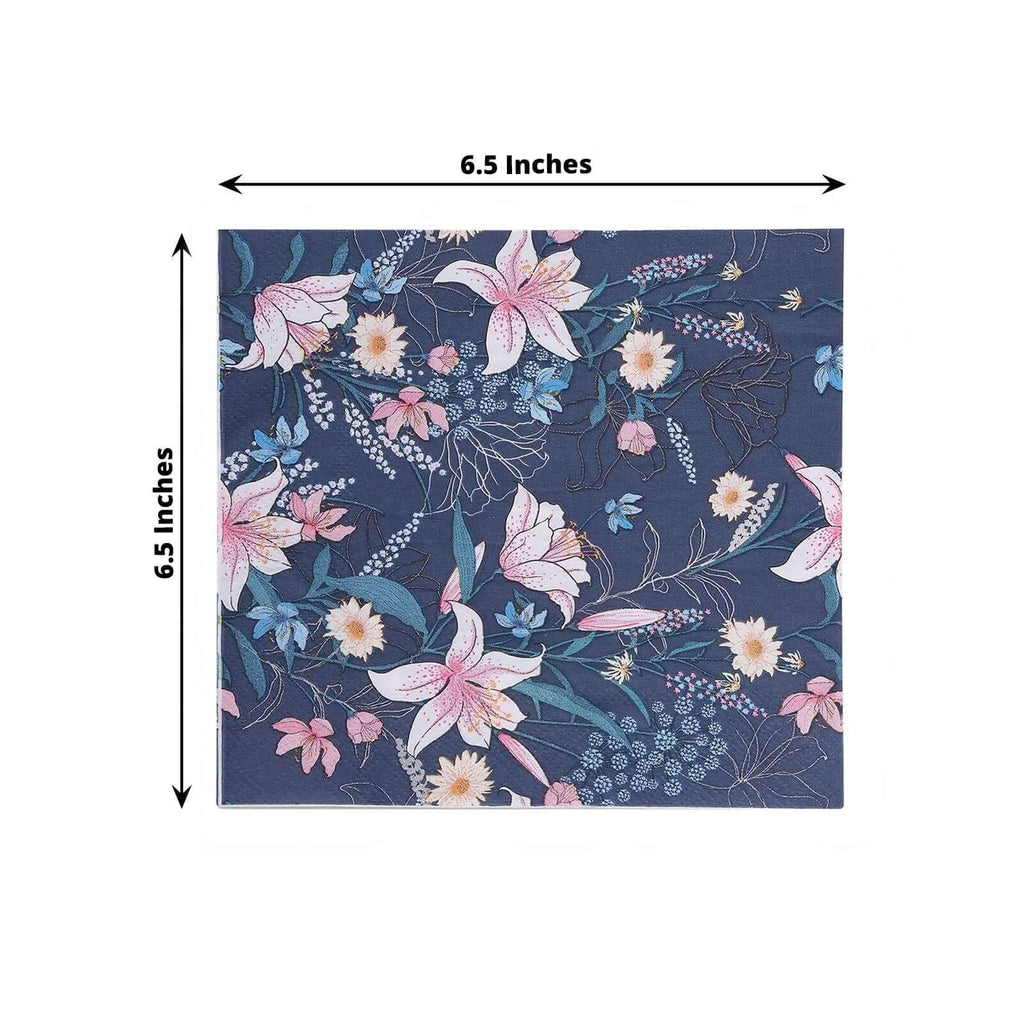 20 - Pack Paper Beverage Napkins with Water Lily Floral Design Navy Blue - 2 Ply Soft 18GSM Wedding Napkins 6.5"x6.5" - Bell Racket Store