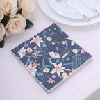 20 - Pack Paper Beverage Napkins with Water Lily Floral Design Navy Blue - 2 Ply Soft 18GSM Wedding Napkins 6.5"x6.5" - Bell Racket Store