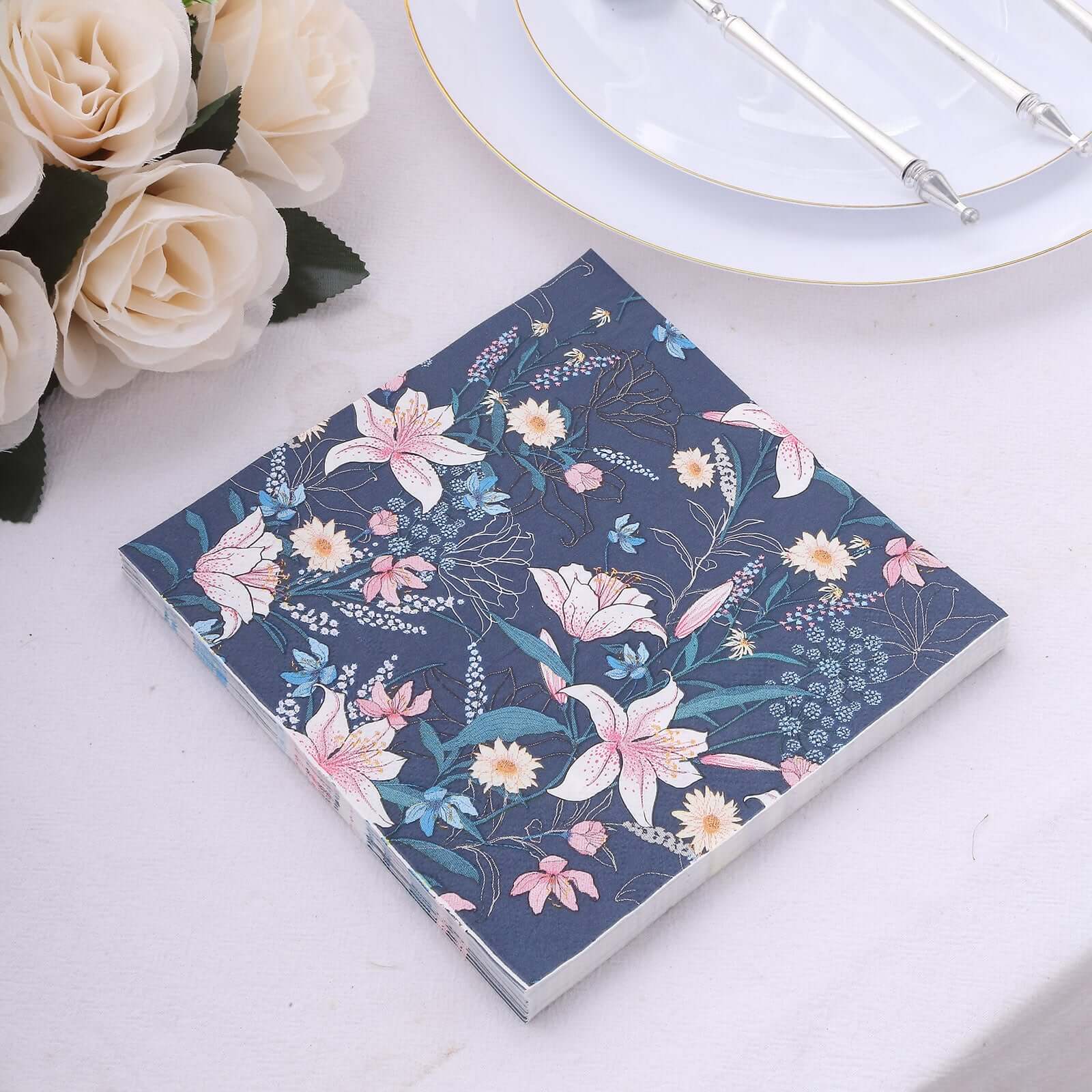 20 - Pack Paper Beverage Napkins with Water Lily Floral Design Navy Blue - 2 Ply Soft 18GSM Wedding Napkins 6.5"x6.5" - Bell Racket Store