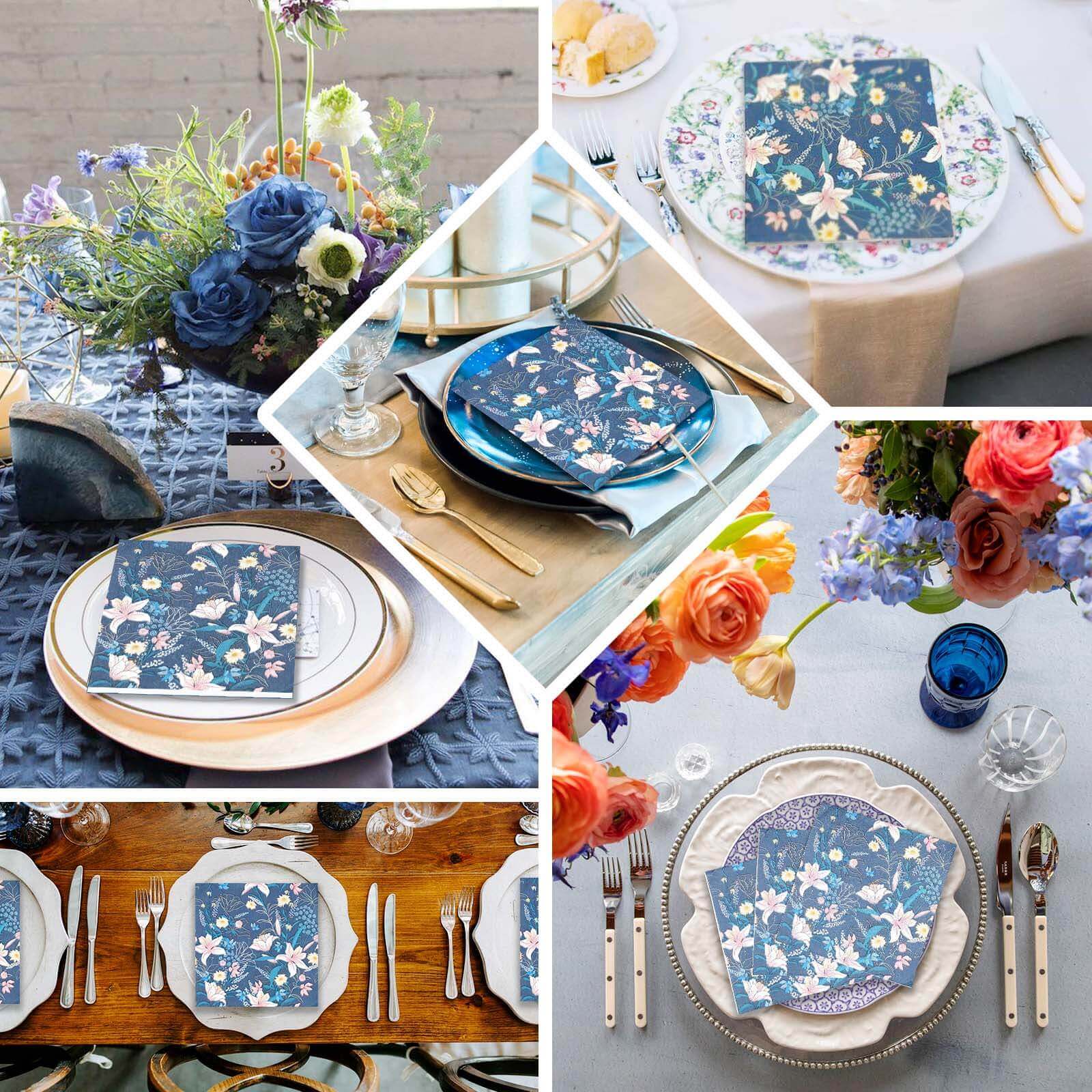 20 - Pack Paper Beverage Napkins with Water Lily Floral Design Navy Blue - 2 Ply Soft 18GSM Wedding Napkins 6.5"x6.5" - Bell Racket Store