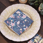 20 - Pack Paper Beverage Napkins with Water Lily Floral Design Navy Blue - 2 Ply Soft 18GSM Wedding Napkins 6.5"x6.5" - Bell Racket Store