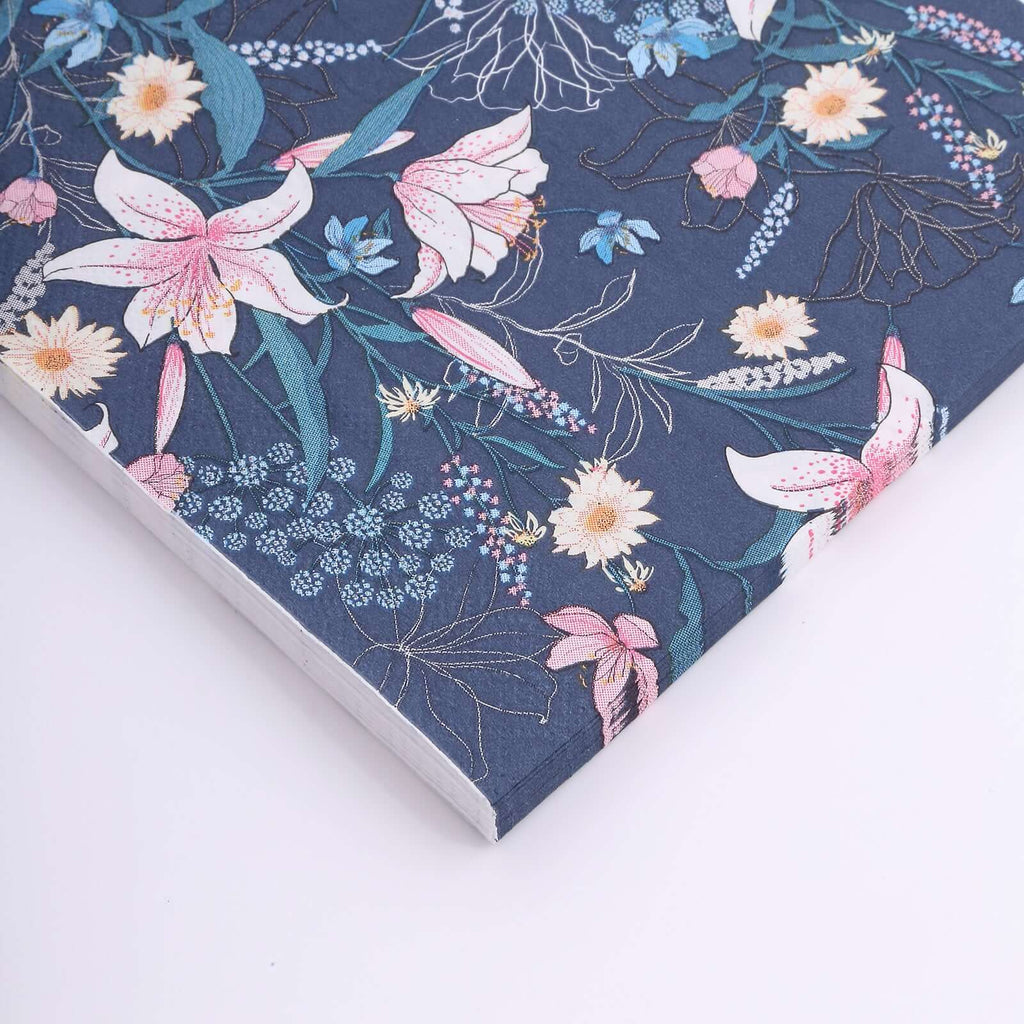 20 - Pack Paper Beverage Napkins with Water Lily Floral Design Navy Blue - 2 Ply Soft 18GSM Wedding Napkins 6.5"x6.5" - Bell Racket Store