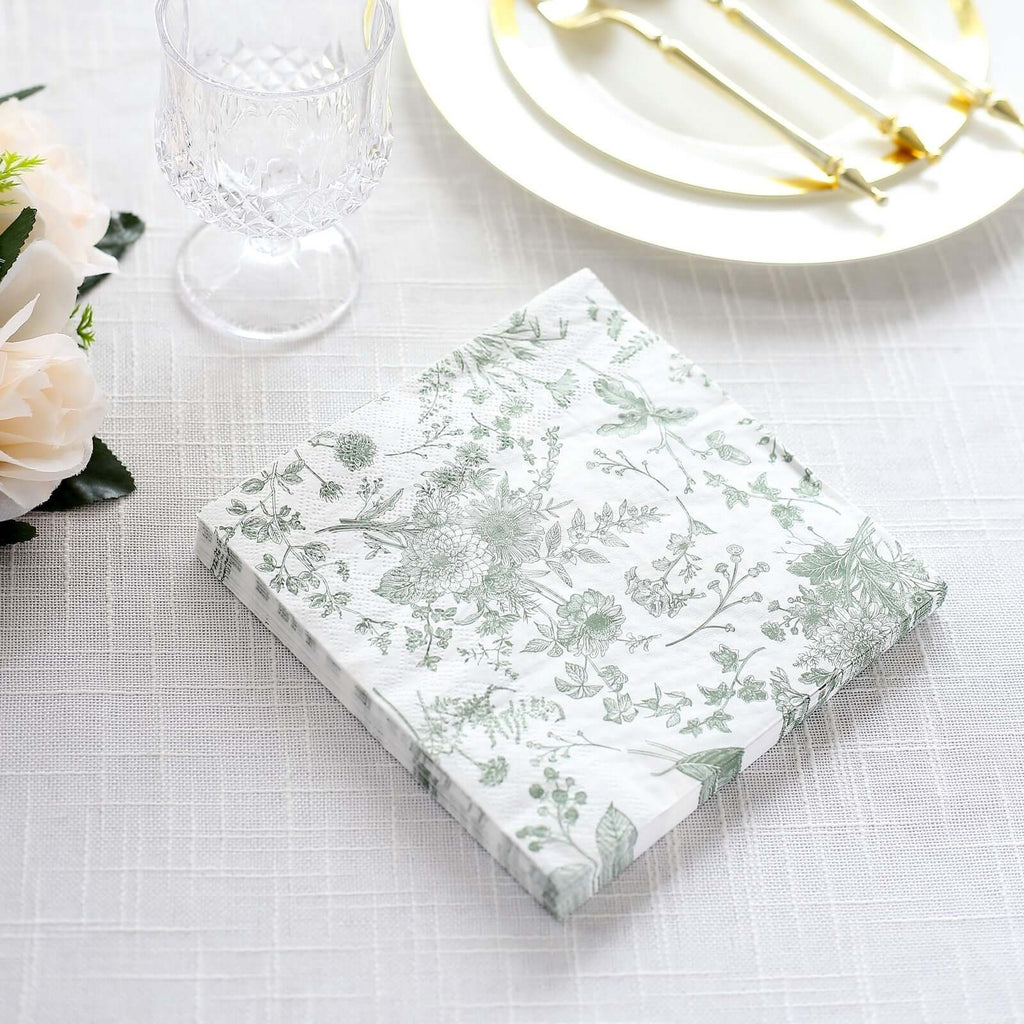 20 - Pack Paper Cocktail Napkins with French Toile Print White/Sage Green - Disposable 2 Ply Beverage Napkins for Events 6.5"x6.5" - Bell Racket Store