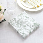 20 - Pack Paper Cocktail Napkins with French Toile Print White/Sage Green - Disposable 2 Ply Beverage Napkins for Events 6.5"x6.5" - Bell Racket Store