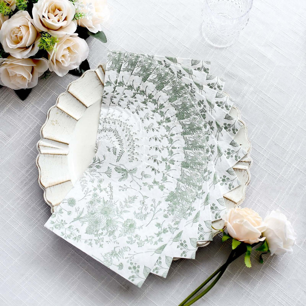 20 - Pack Paper Cocktail Napkins with French Toile Print White/Sage Green - Disposable 2 Ply Beverage Napkins for Events 6.5"x6.5" - Bell Racket Store