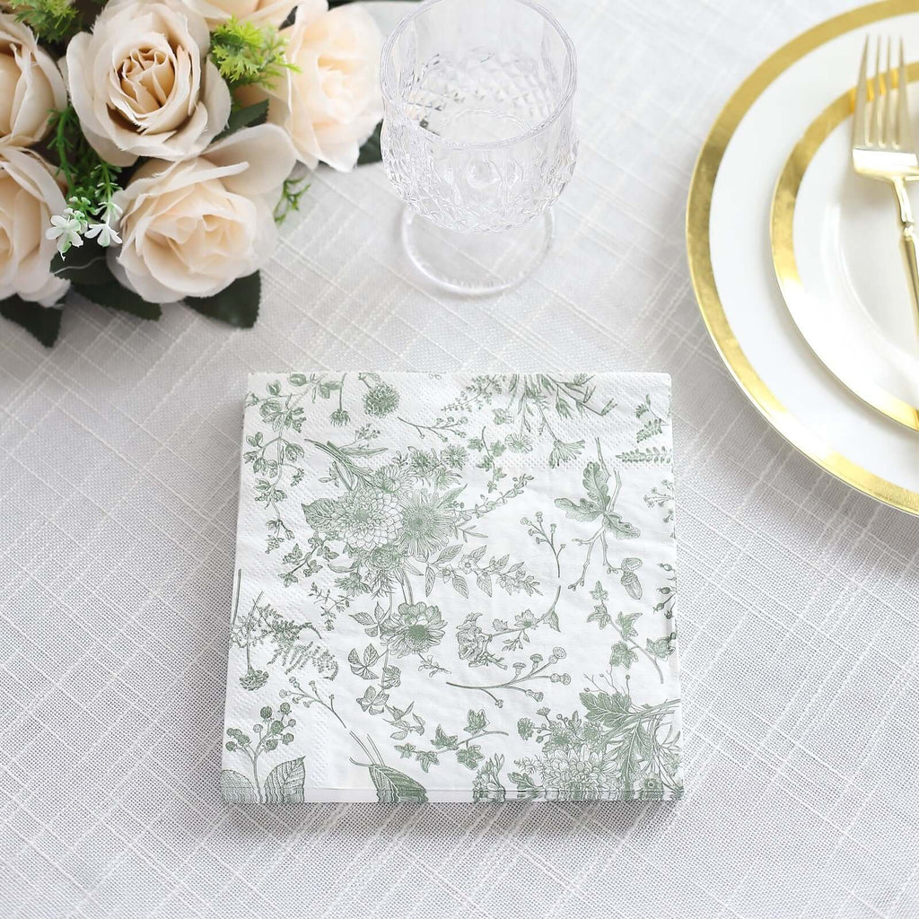 20 - Pack Paper Cocktail Napkins with French Toile Print White/Sage Green - Disposable 2 Ply Beverage Napkins for Events 6.5"x6.5" - Bell Racket Store