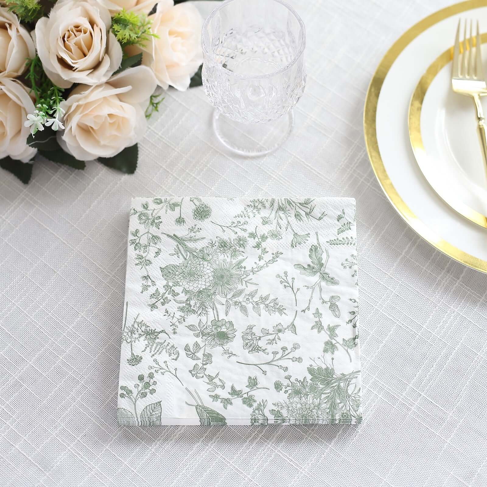 20 - Pack Paper Cocktail Napkins with French Toile Print White/Sage Green - Disposable 2 Ply Beverage Napkins for Events 6.5"x6.5" - Bell Racket Store