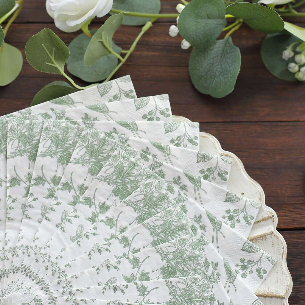 20 - Pack Paper Cocktail Napkins with French Toile Print White/Sage Green - Disposable 2 Ply Beverage Napkins for Events 6.5"x6.5" - Bell Racket Store