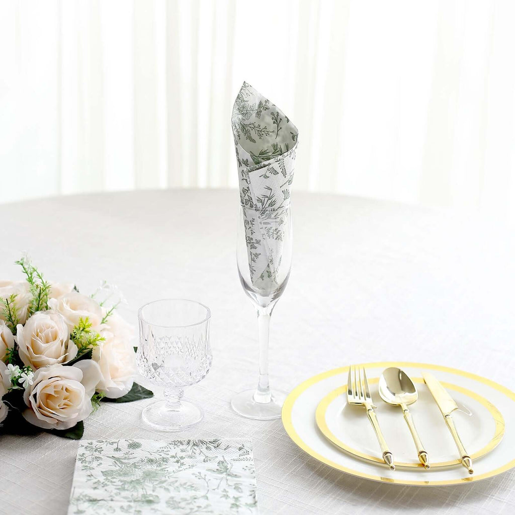 20 - Pack Paper Cocktail Napkins with French Toile Print White/Sage Green - Disposable 2 Ply Beverage Napkins for Events 6.5"x6.5" - Bell Racket Store
