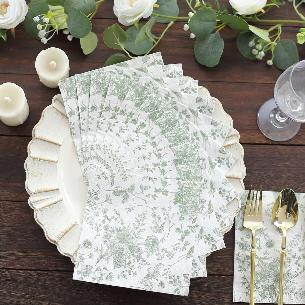 20 - Pack Paper Cocktail Napkins with French Toile Print White/Sage Green - Disposable 2 Ply Beverage Napkins for Events 6.5"x6.5" - Bell Racket Store