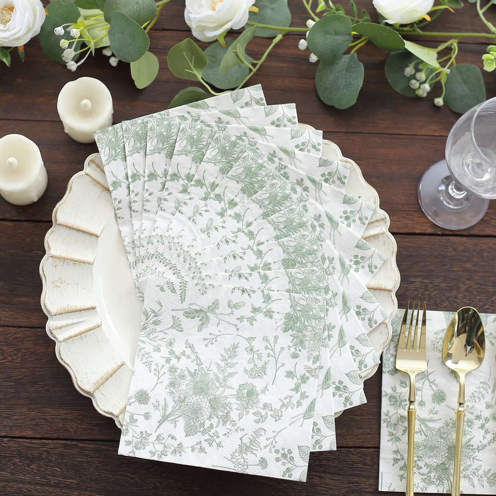 20 - Pack Paper Cocktail Napkins with French Toile Print White/Sage Green - Disposable 2 Ply Beverage Napkins for Events 6.5"x6.5" - Bell Racket Store