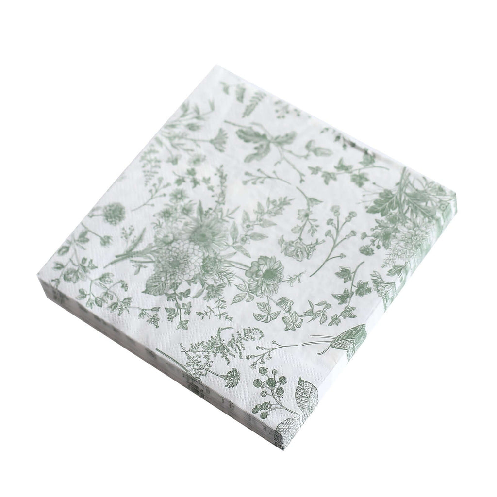 20 - Pack Paper Cocktail Napkins with French Toile Print White/Sage Green - Disposable 2 Ply Beverage Napkins for Events 6.5"x6.5" - Bell Racket Store