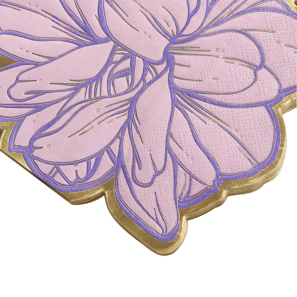 20 - Pack Paper Cocktail Napkins with Purple Peony Flower Shape and Gold Edges - Stylish Disposable Party Napkins - Bell Racket Store