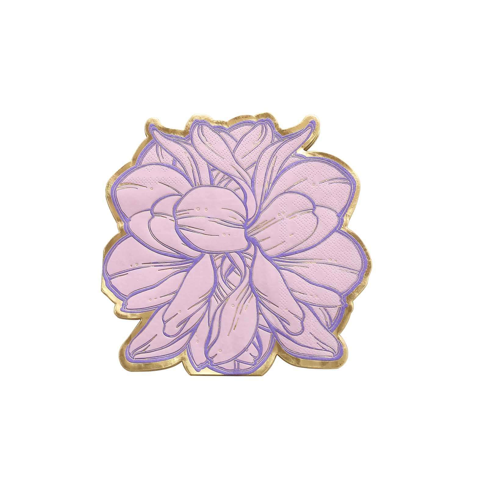 20 - Pack Paper Cocktail Napkins with Purple Peony Flower Shape and Gold Edges - Stylish Disposable Party Napkins - Bell Racket Store