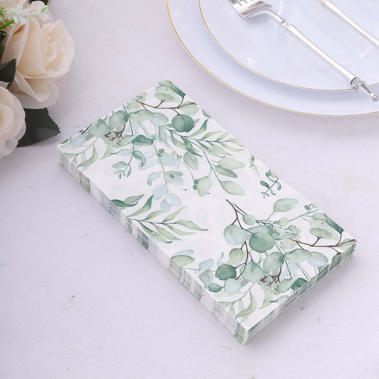 20 - Pack Paper Dinner Napkins Green with Eucalyptus Leaf Print 2 Ply - Stylish Boho Napkins for Events - Bell Racket Store