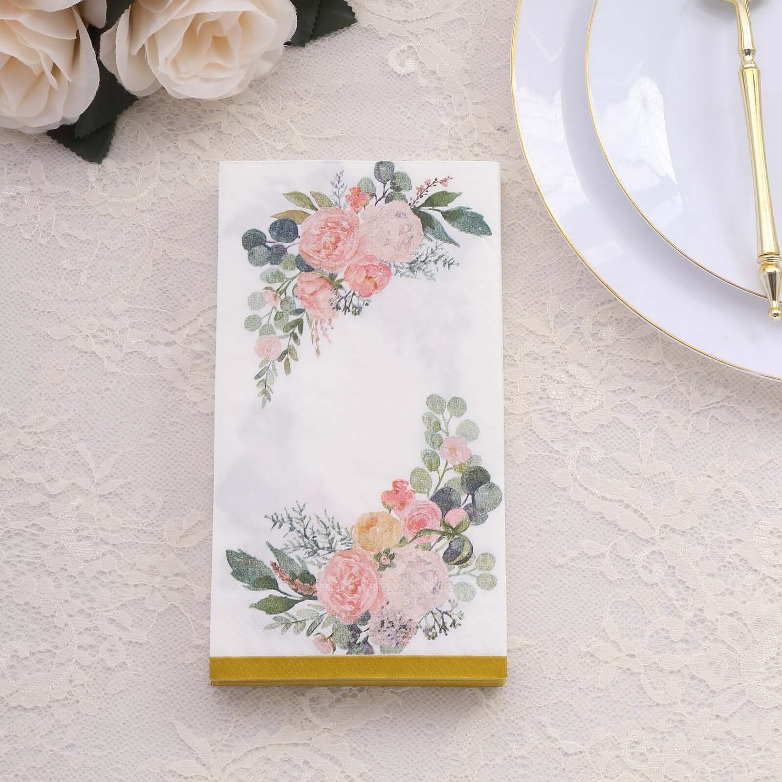 20 - Pack Paper Dinner Napkins White with Pink Peony Flowers and Gold Edge 2 - Ply - Stylish Disposable Napkins for Events - Bell Racket Store