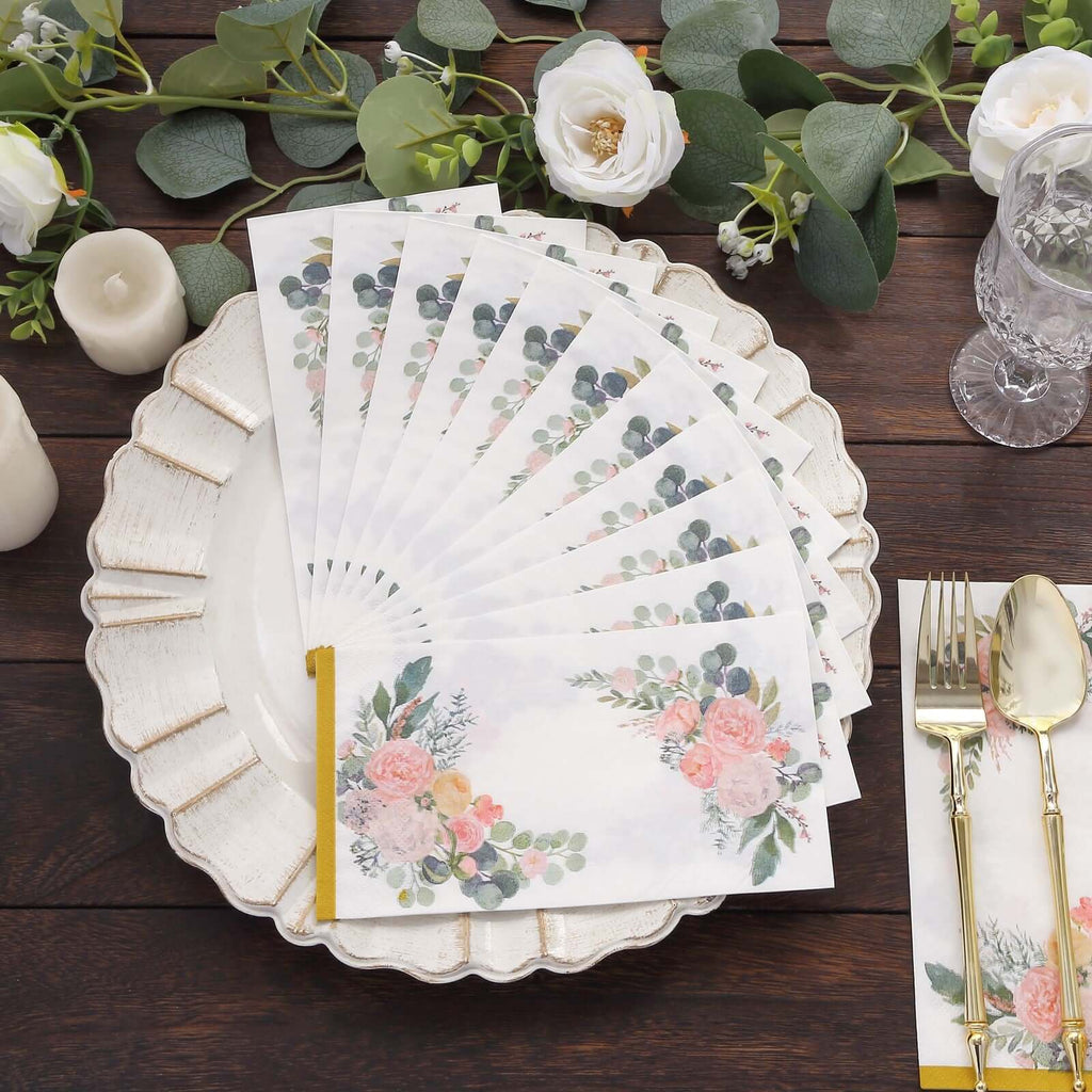 20 - Pack Paper Dinner Napkins White with Pink Peony Flowers and Gold Edge 2 - Ply - Stylish Disposable Napkins for Events - Bell Racket Store