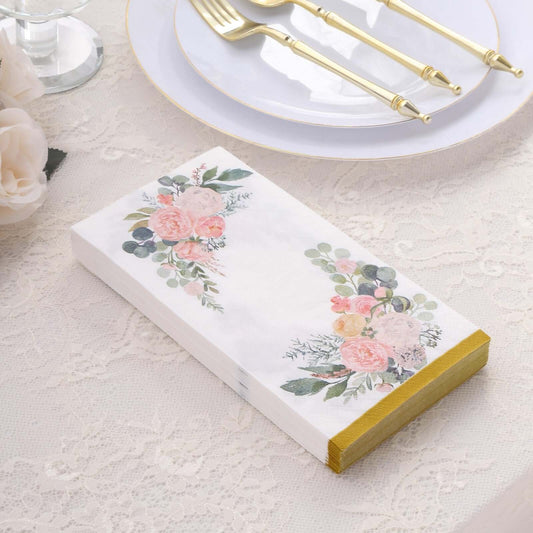 20 - Pack Paper Dinner Napkins White with Pink Peony Flowers and Gold Edge 2 - Ply - Stylish Disposable Napkins for Events - Bell Racket Store