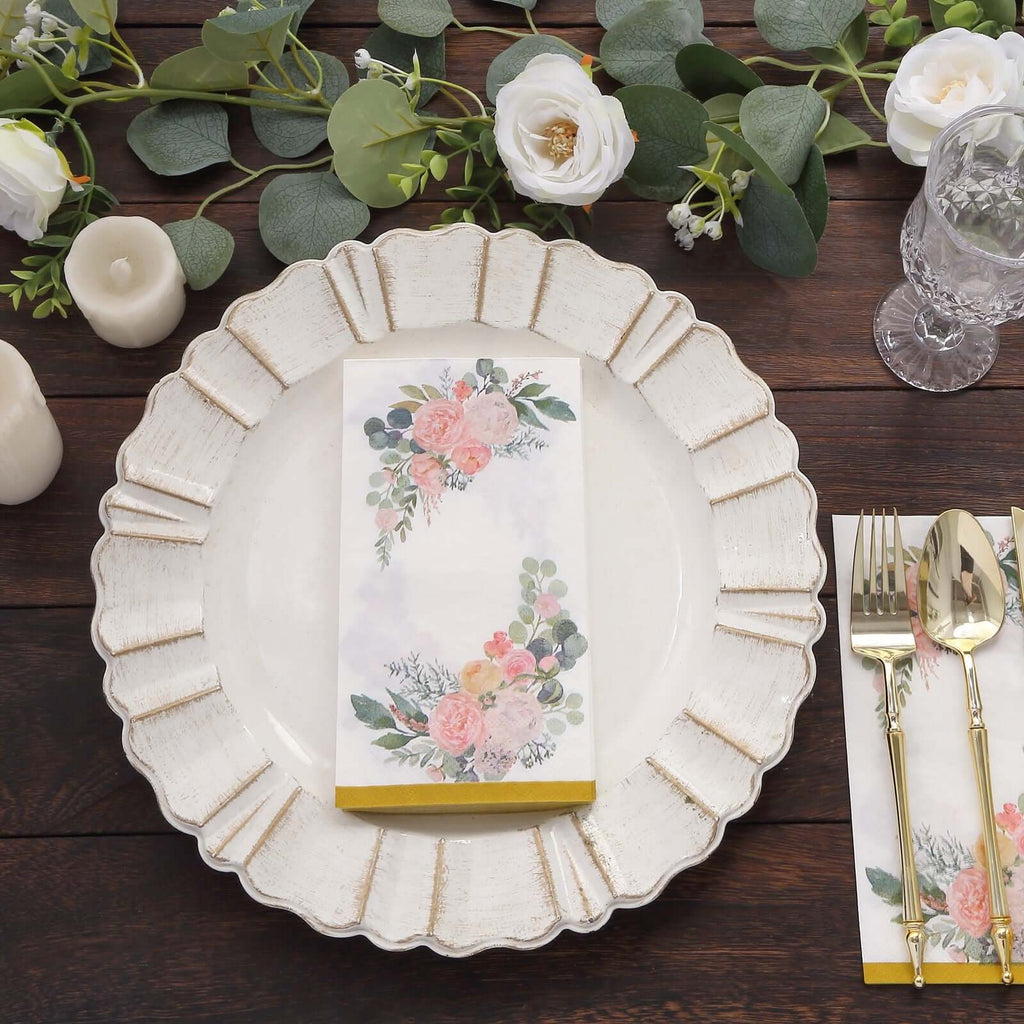 20 - Pack Paper Dinner Napkins White with Pink Peony Flowers and Gold Edge 2 - Ply - Stylish Disposable Napkins for Events - Bell Racket Store