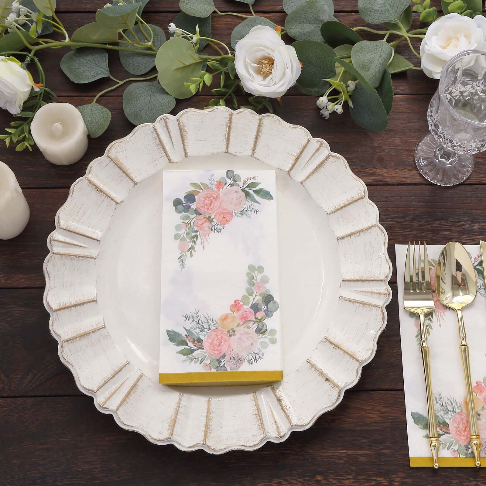 20 - Pack Paper Dinner Napkins White with Pink Peony Flowers and Gold Edge 2 - Ply - Stylish Disposable Napkins for Events - Bell Racket Store