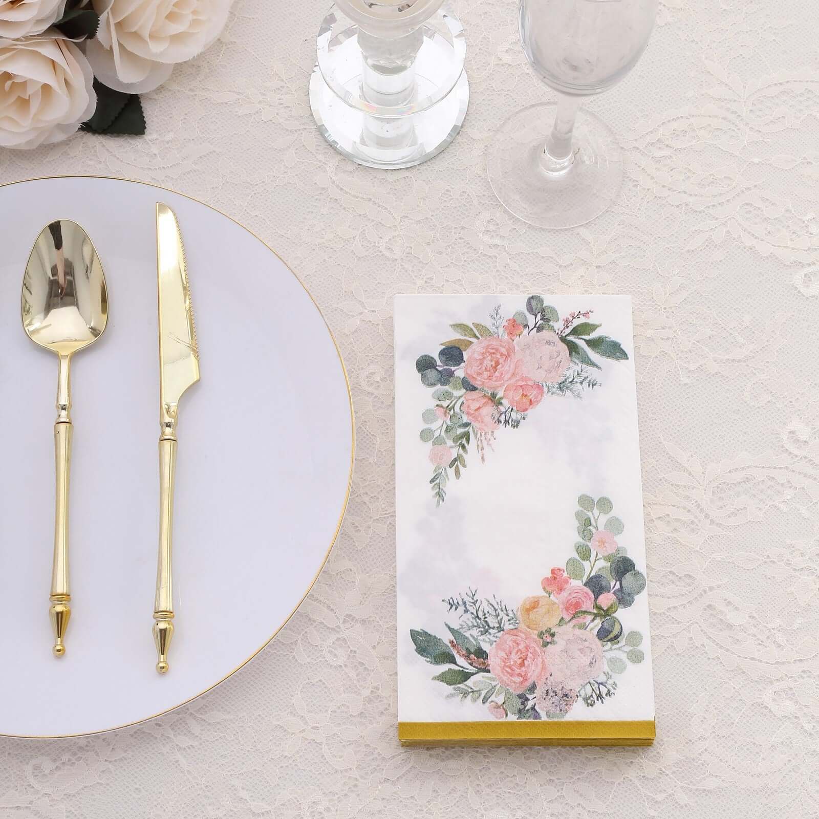 20 - Pack Paper Dinner Napkins White with Pink Peony Flowers and Gold Edge 2 - Ply - Stylish Disposable Napkins for Events - Bell Racket Store