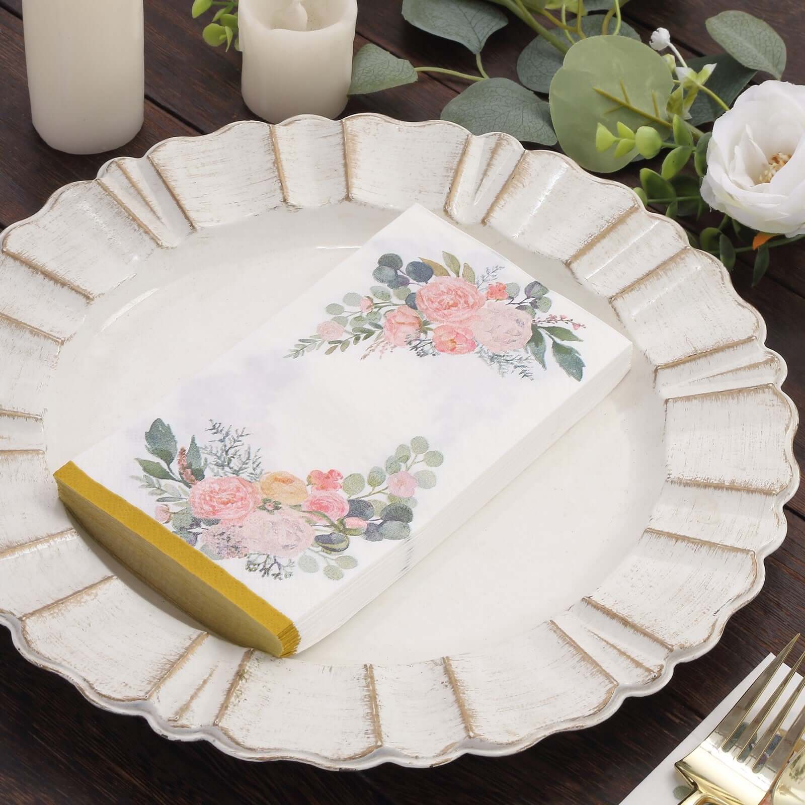 20 - Pack Paper Dinner Napkins White with Pink Peony Flowers and Gold Edge 2 - Ply - Stylish Disposable Napkins for Events - Bell Racket Store