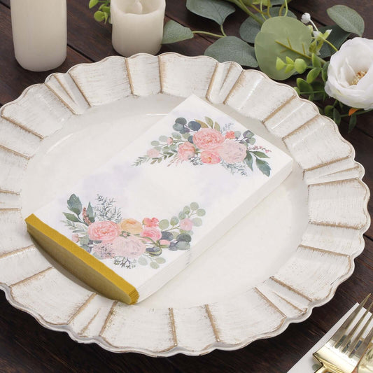 20 - Pack Paper Dinner Napkins White with Pink Peony Flowers and Gold Edge 2 - Ply - Stylish Disposable Napkins for Events - Bell Racket Store