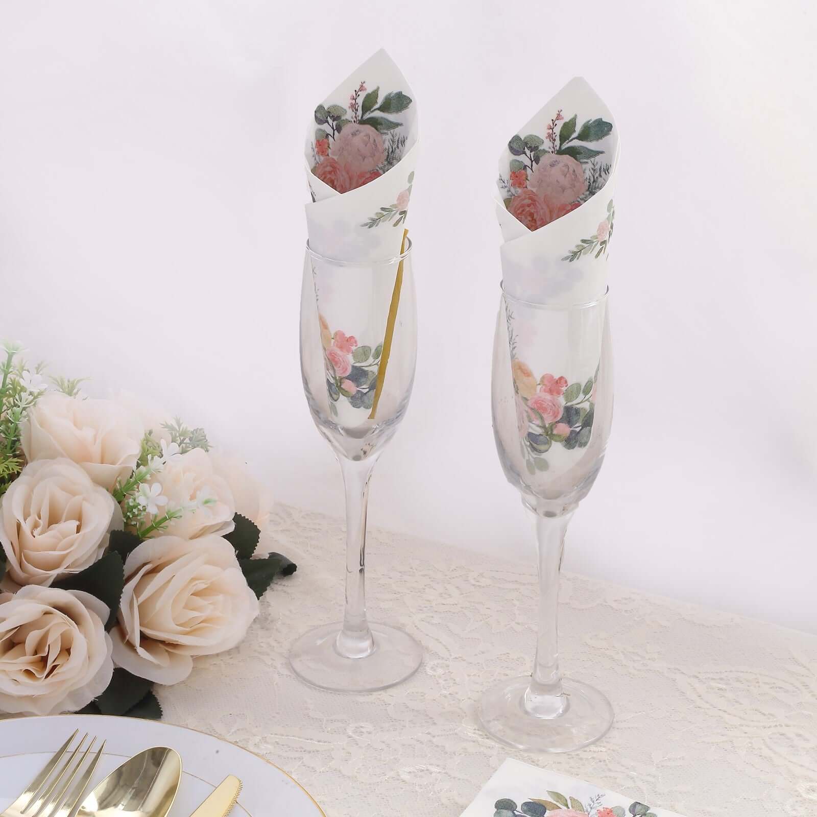 20 - Pack Paper Dinner Napkins White with Pink Peony Flowers and Gold Edge 2 - Ply - Stylish Disposable Napkins for Events - Bell Racket Store