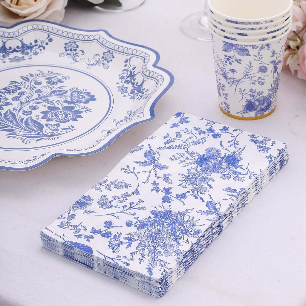 20 - Pack Paper Dinner Napkins White/Blue with French Toile Pattern 2 Ply - Stylish Disposable Napkins for Parties - Bell Racket Store