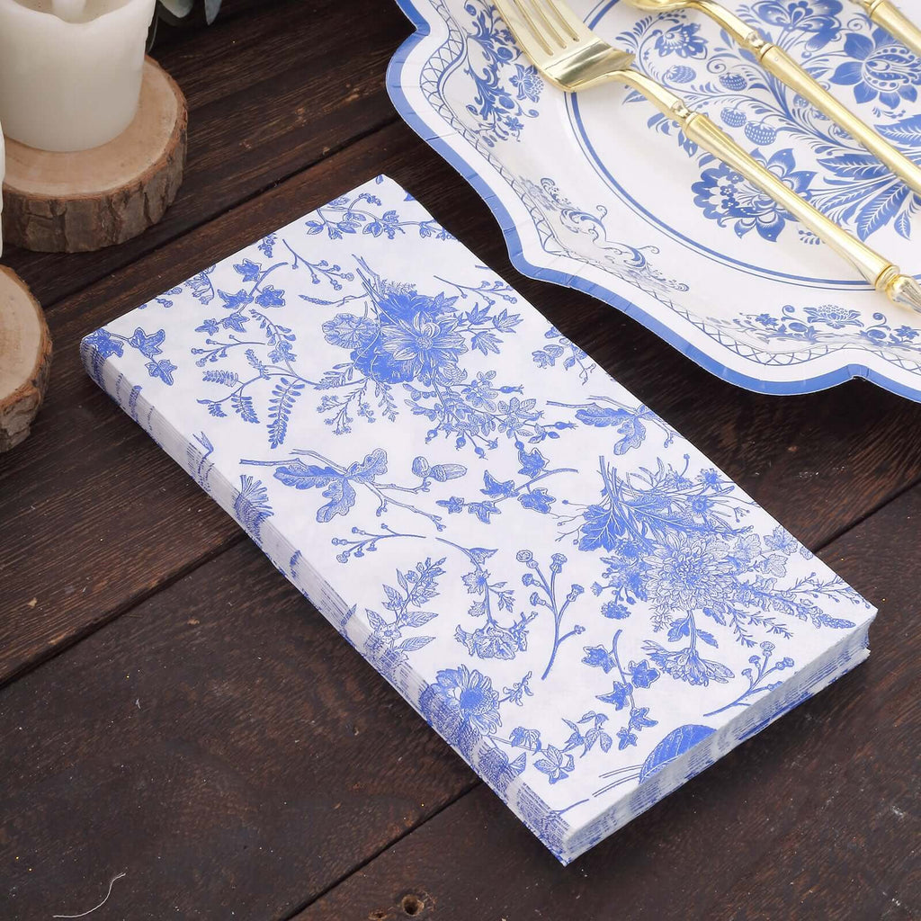 20 - Pack Paper Dinner Napkins White/Blue with French Toile Pattern 2 Ply - Stylish Disposable Napkins for Parties - Bell Racket Store
