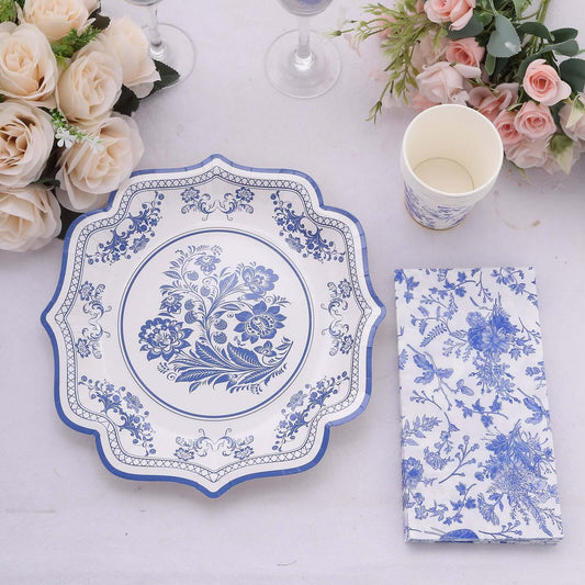 20 - Pack Paper Dinner Napkins White/Blue with French Toile Pattern 2 Ply - Stylish Disposable Napkins for Parties - Bell Racket Store