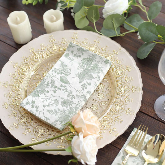 20 - Pack Paper Dinner Napkins White/Sage Green with French Toile Pattern 2 Ply - Stylish Disposable Napkins for Parties - Bell Racket Store