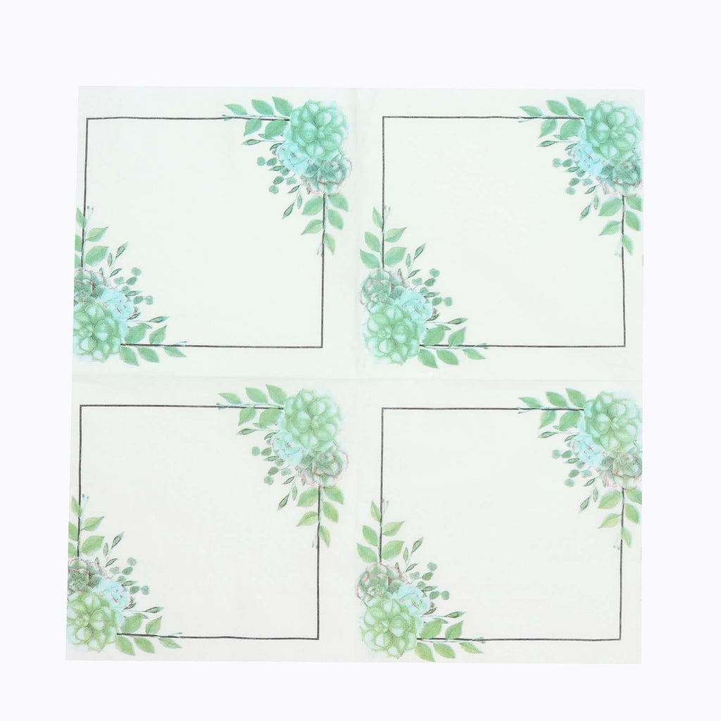 20 - Pack Paper Dinner Napkins with Floral Design White/Green - Disposable 2 Ply Beverage Napkins 6.5"x6.5" - Bell Racket Store