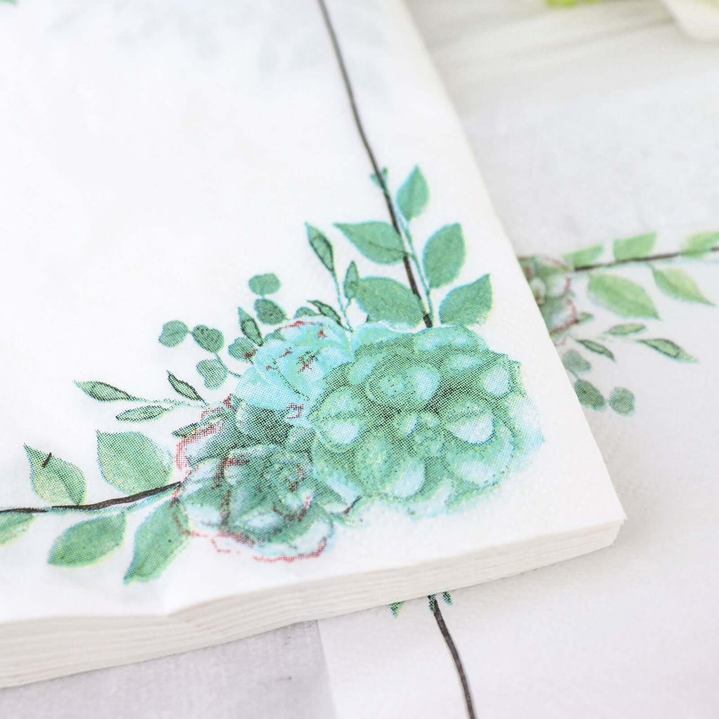 20 - Pack Paper Dinner Napkins with Floral Design White/Green - Disposable 2 Ply Beverage Napkins 6.5"x6.5" - Bell Racket Store