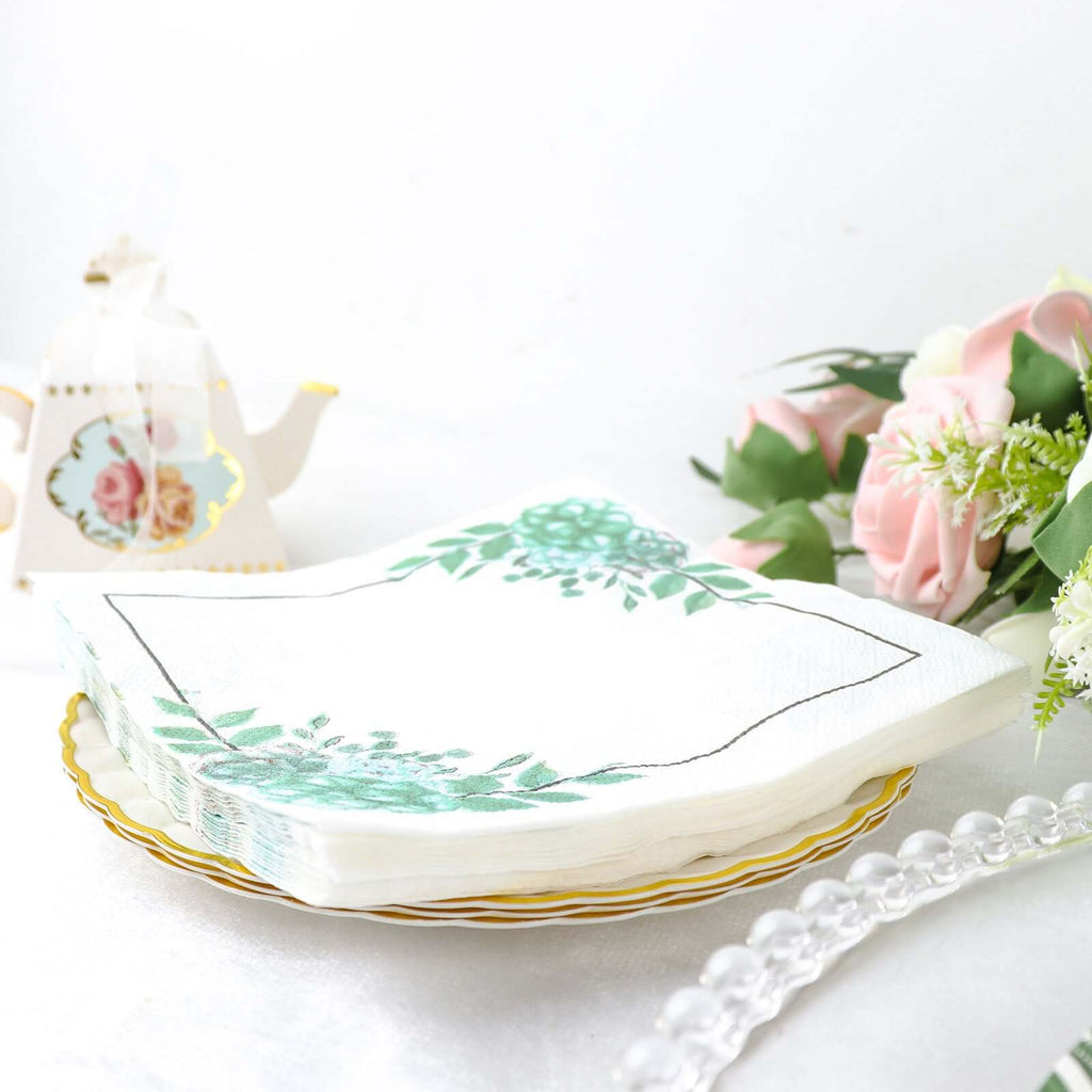 20 - Pack Paper Dinner Napkins with Floral Design White/Green - Disposable 2 Ply Beverage Napkins 6.5"x6.5" - Bell Racket Store