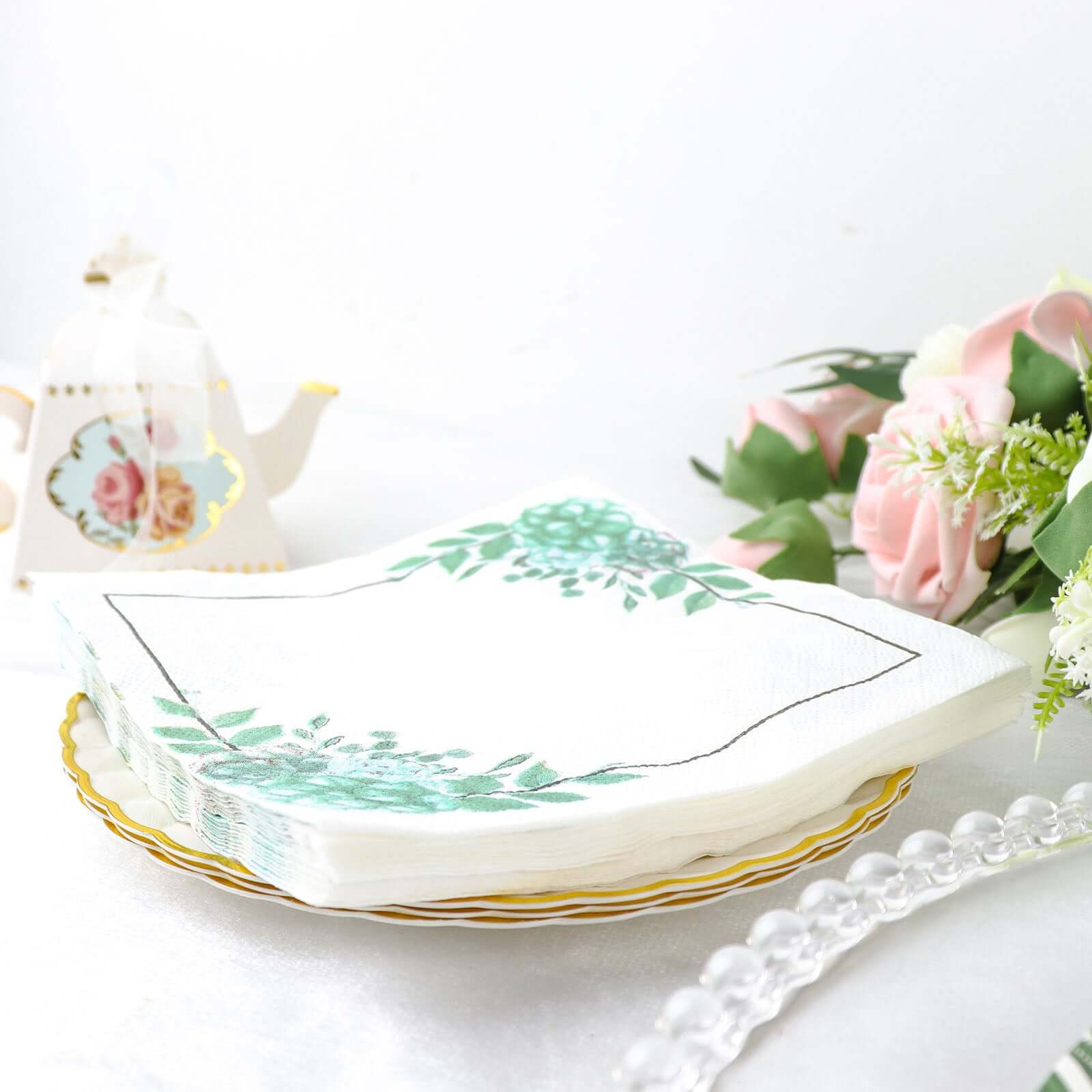 20 - Pack Paper Dinner Napkins with Floral Design White/Green - Disposable 2 Ply Beverage Napkins 6.5"x6.5" - Bell Racket Store