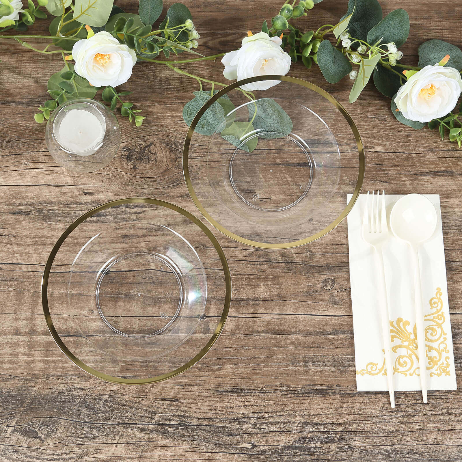 20 - Pack Plastic Dessert Serving Bowls Clear Round Design with Gold Rim - Disposable Salad Soup Bowls 12oz - Bell Racket Store