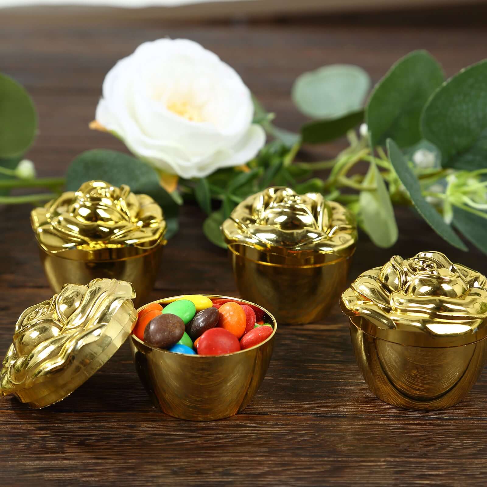 20 - Pack Plastic Fillable Mini Candy Container in Vintage Rose Style Gold with Lids - Stylish Candy Treat Favor Boxes 2" - Bell Racket Store