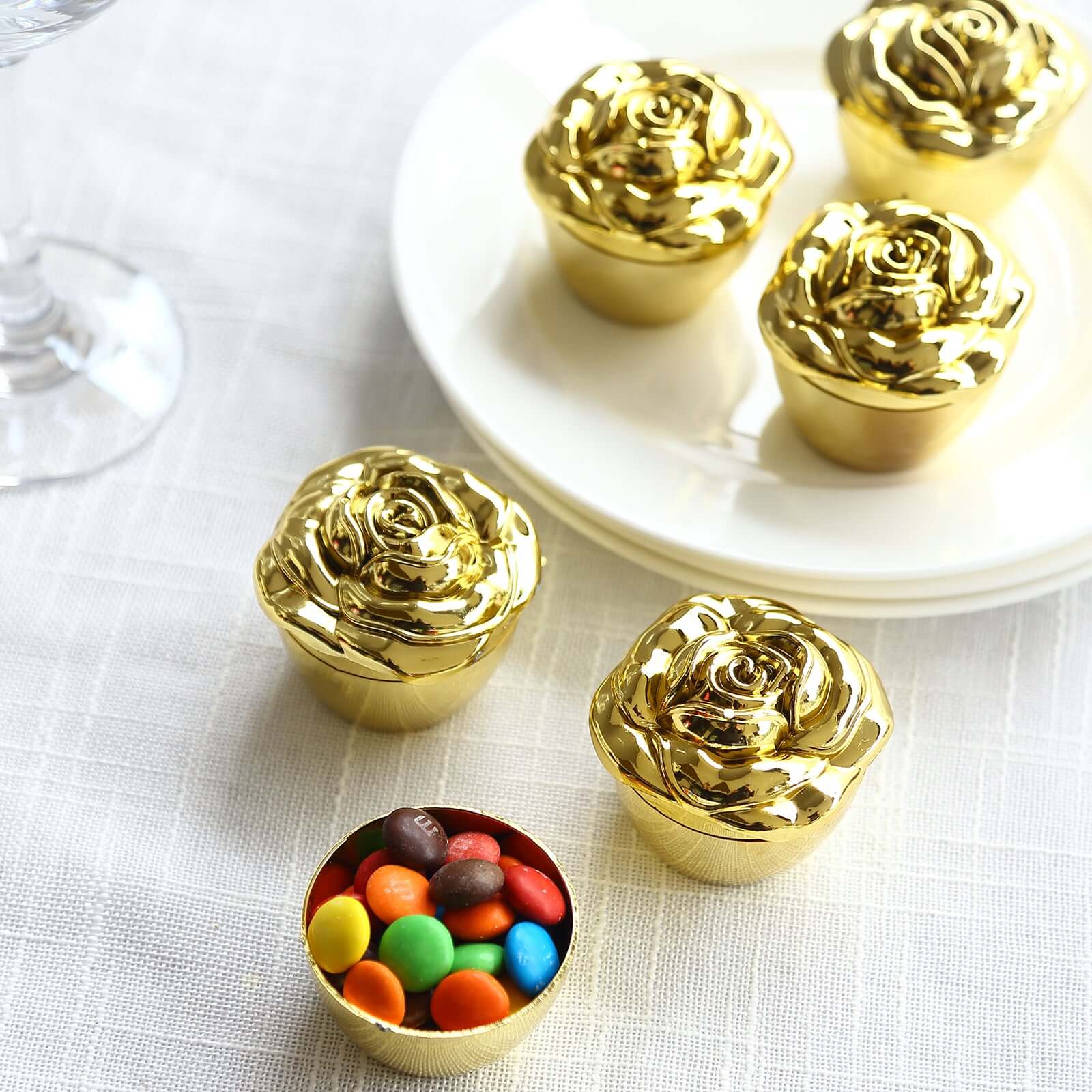 20 - Pack Plastic Fillable Mini Candy Container in Vintage Rose Style Gold with Lids - Stylish Candy Treat Favor Boxes 2" - Bell Racket Store