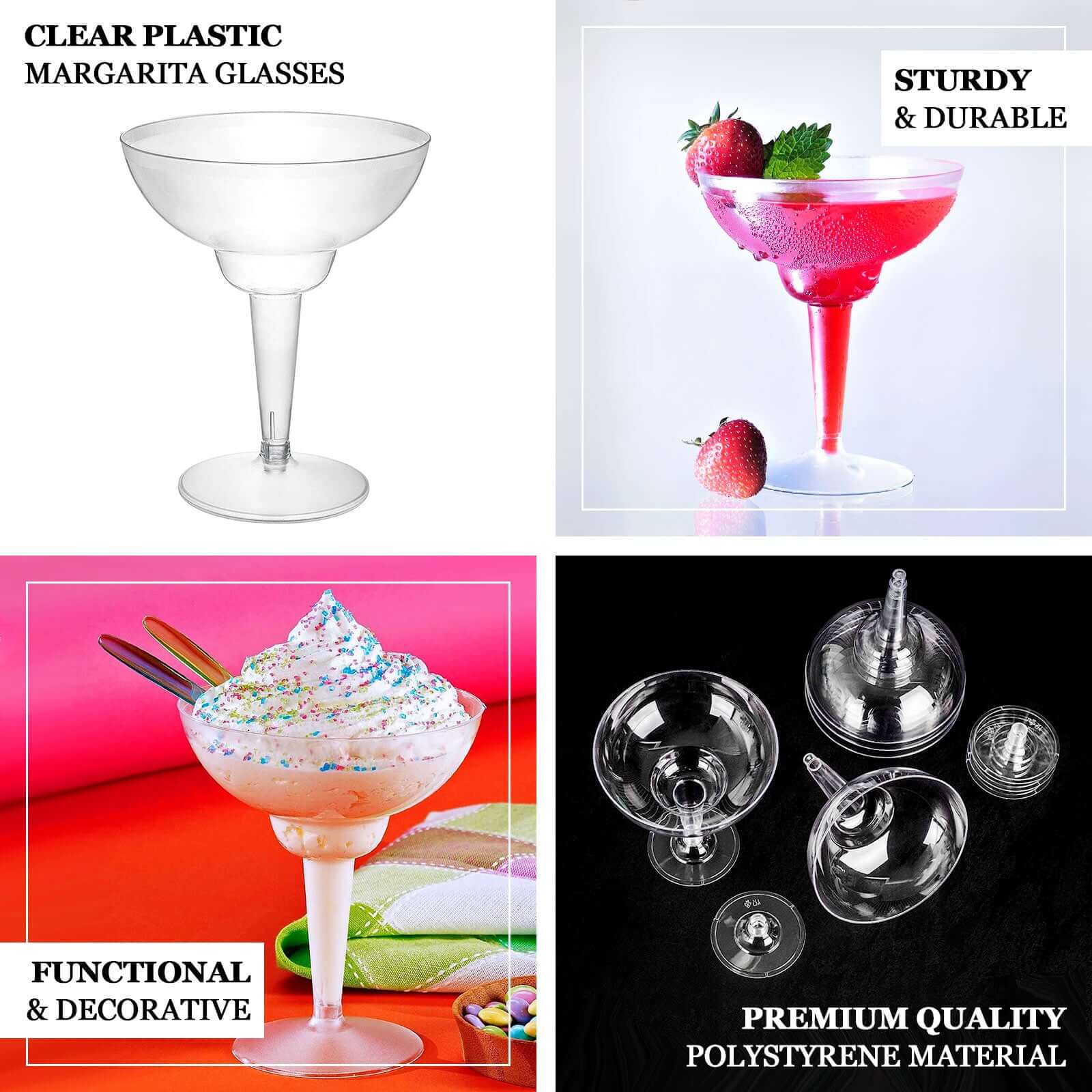 20 - Pack Plastic Margarita Glasses Clear - Sturdy Disposable Glasses for Pina Coladas 10oz - Bell Racket Store