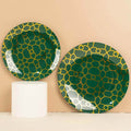 20-Pack Set Plastic Round Dinner and Salad Plates in Hunter Emerald Green with Geometric Gold Print - Modern Disposable Dinnerware Set for Weddings & Celebrations 9", 7"