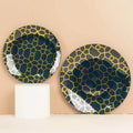 20-Pack Set Plastic Round Dinner and Salad Plates in Navy Blue with Geometric Gold Print - Modern Disposable Dinnerware Set for Weddings & Celebrations 9", 7"